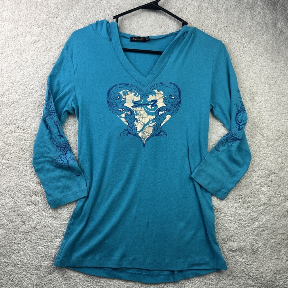 Seven 7 Hooded 3/4 Sleeve VTG Y2K Blue/Gold Graphic V Neck M Grunge Punk Rock